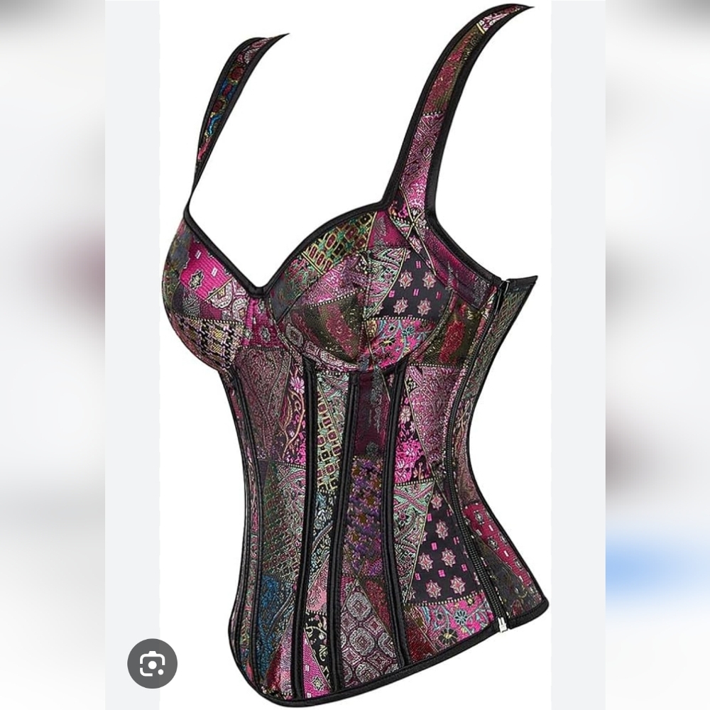 Elegant Patchwork Corset Top Jewel Tone Size XL